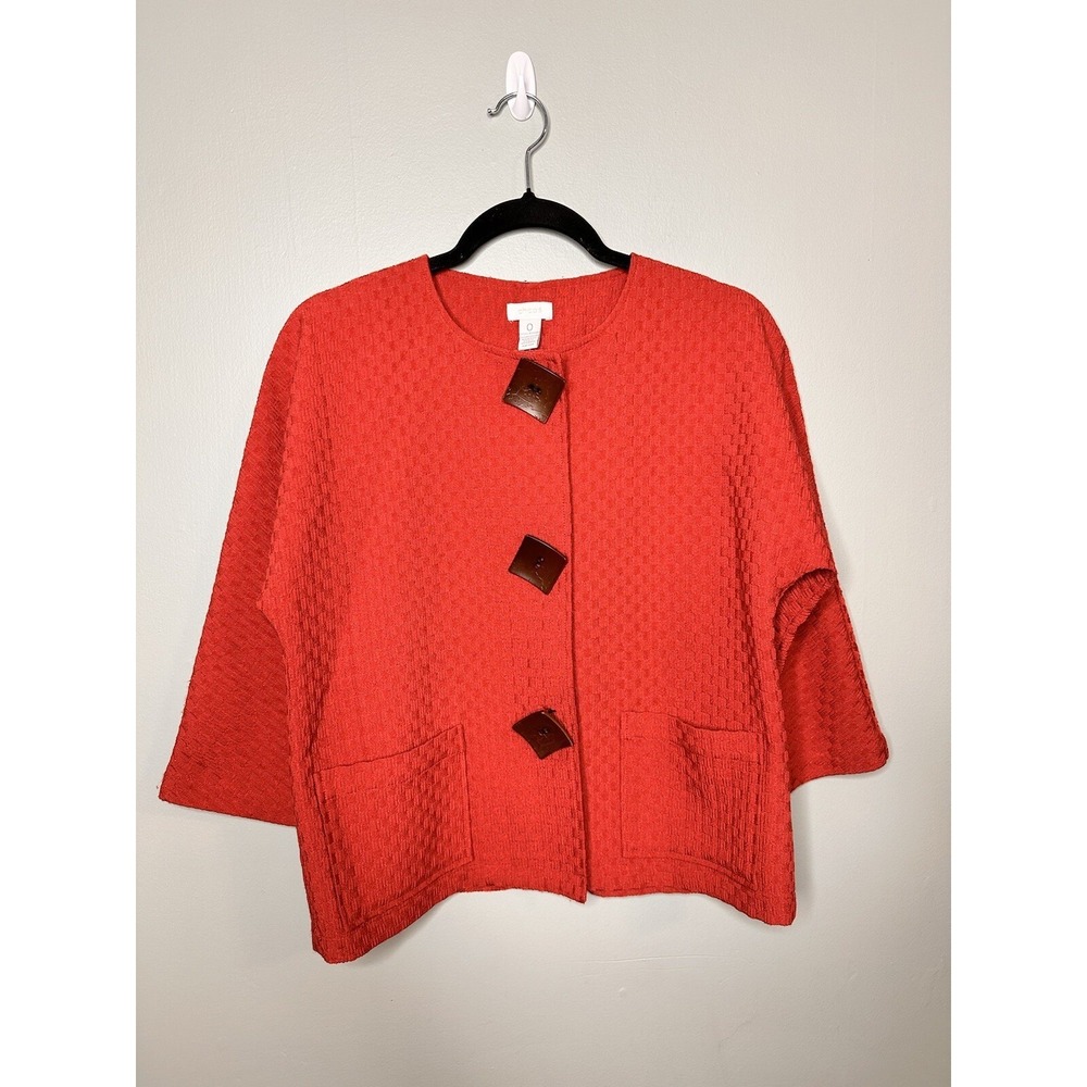 Chicos Rust Red Wool Blend Small Wooden‎ Button Crew Neck Boxy Textured Jacket